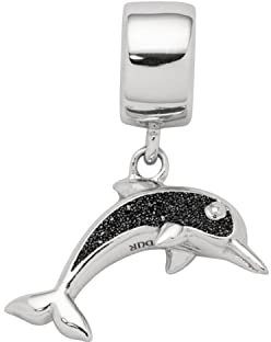 DUR Einzel Charm-Anhänger Delfin für Damen aus 925er Sterling-Silber mit Lavasand in der Farbe Silber und Schwarz, Maße: 1,73x1,6 cm, F287