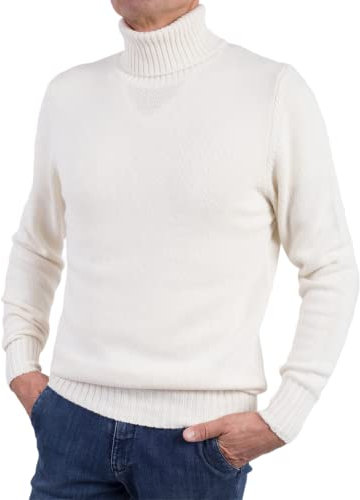 Maglia Collo Alto Uomo Misto Cashmere Made in Italy Maglione Dolcevita Manica Lunga Cachemire Doppio Filo Autunno Inverno Pullover Nero Beige Bianco Grigio Ragazzo Polo Invernale (Bianco, M)