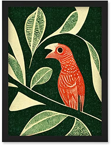 Doppelganger33 LTD Red Parrot On Tree Branch Vintage Linocut Illustration Artwork Framed Wall Art Print A4