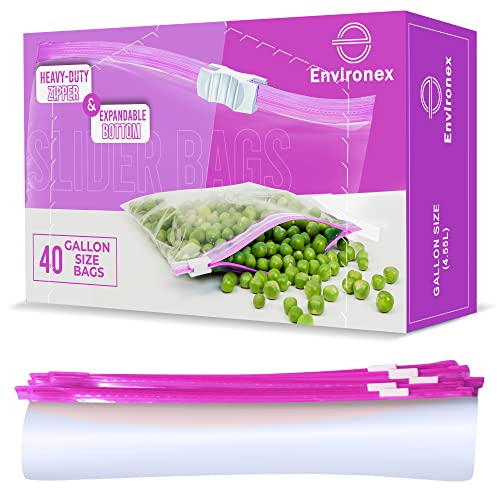 ENVIRONEX 40pcs Slider Freezer Bags One Gallon (4.55L) - Reusable Ziplock Bags for Food Storage, Snacks, Fruits, Veggies - Airtight, Expandable Bottom