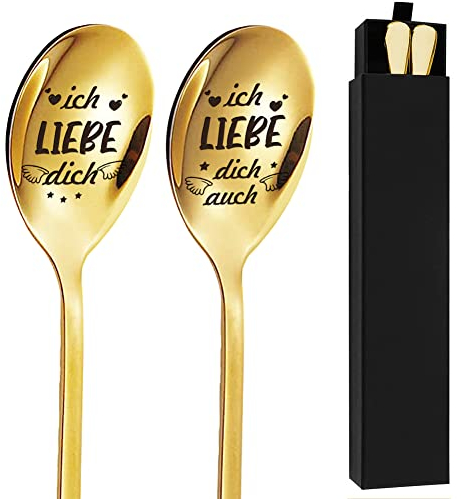 2 Latte Macchiato Löffel Gold, Lange Löffel mit Gravur Ich Liebe Dich Geschenke für Männer Frauen Sie und Ihn, Kaffeelöffel Dessertlöffel Teelöffel Geschenkideen für Paare zum Jahrestag Valentinstag