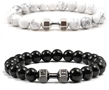 Schwarzes Charm-Hantel-Armband für Herren, 8 mm, natürlicher vulkanischer Lavastein, Stretch-Perlen, Armband, Fitnessstudio, Yoga, Angst, Perlenarmband, Fitness, Langhantel-Schmuck für Männer