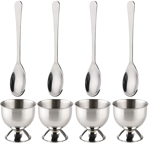 Egg Cup Set of 8 Include 4 Egg Cups 4 Egg Spoons for Soft Boiled Eggs Breakfast (Stainless Steel)