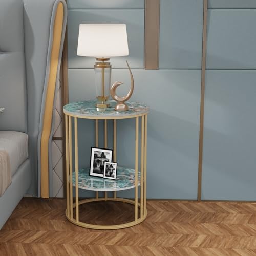 FATIVO Marmor Beistelltisch rund 2-Ablagen Sofatisch, Grün Couchtisch Nachttisch mit Gold Eisenrahmen fürs Wohnzimmer Schlafzimmer 40×40×54cm