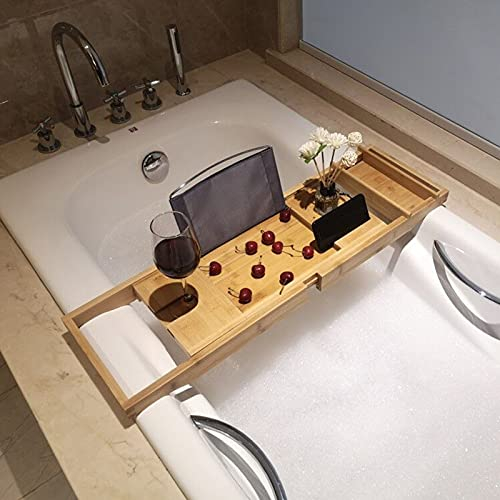 Badewannenablage aus Bambus Tablett Badewanne Laptop Schreibtisch Regal Aufbewahrung im Badezimmer 75-109cm Dehnungsbreite Regal