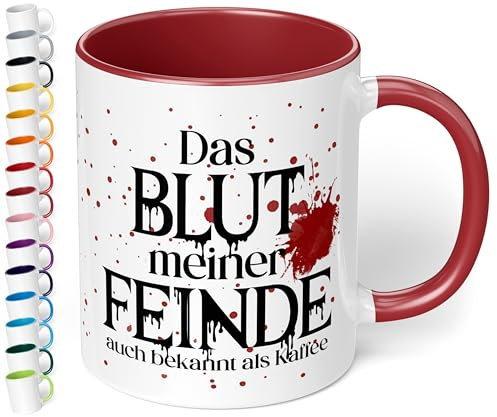 True Statements Lustige Keramik-Tasse „Das Blut meiner Feinde“ - 330ml - Büro Kaffeetasse mit Spruch – Geschenk für Arbeits-Kollegen Kunden Chef (Bordeaux)
