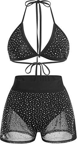 Women's Sparkle Mesh Bikini Sets Halter Bra Top High Waist Shorts Bottom 2 Piece Cover up Festival Holiday Rave Outfits
