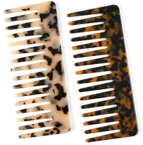 TaShow Hair Detangling Comb, 2 Pack Large Cellulose Acetate Wide Tooth Comb for Wet and Dry, Women's Thick Curly Wavy Hair (Tortoise Shell, Ivory)