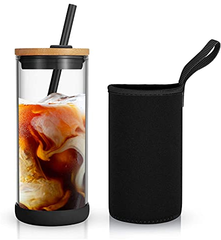 tronco 20oz Glass Cups with Bamboo Lids and Straws,Iced Coffee Cup Reusable, Smoothie Cups,Glass Tumbler with Straw,Wide Mouth Tumbler with Nylon Protective Sleeve - BPA Free