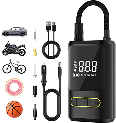 oasser Mini Compressore Aria Portatile, Illuminazione, Porta Type-C,modalità Preimpostate,Luci a LED on Sensore Pressione,Adatto per Auto, Moto,Biciclette e Palloni 150PSI, Nero