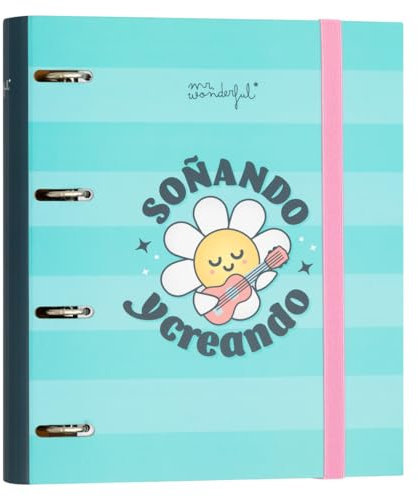 Mr. Wonderful - Carpeta con anillas y folios Wonder - Soñando y creando - Carpeta con 4 Anillas, Goma Elástica y Protección Antirayaduras - Incluye Recambio de Folios - 120 hojas