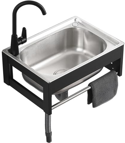Lavabo Exterieur Jardin Cuisine Evier Inox 1 Bacs, Évier Suspendu Cadre En Aluminium Ensemble Évier Avec Robinet Et Porte-serviettes, Bac Laver, Lavabo Stainless Steel Sink