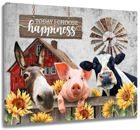 LB Wandbilder Tier auf dem Bauernhof Poster Esel Schwein Kuh Gelbe Sonnenblume Wanddruck Ginsterheiden-Bodeneule Leinwand Bilder für Wohnzimmer Schlafzimmer Badezimmer Wand Deko,60x40cm Ungerahmt