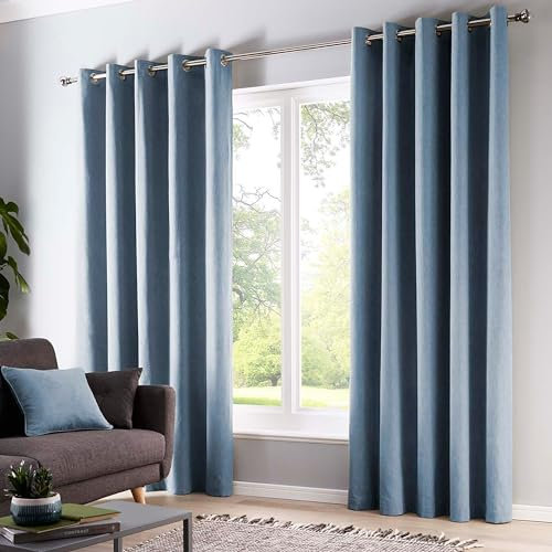 Fusion Sorbonne Eyelet Curtains – Light Sky Blue Cotton Drapes – 117 x 137cm (46 x 54) – Fully Lined Window Curtains for Bedroom & Living Room – Soft Blue Door Curtain – Pair
