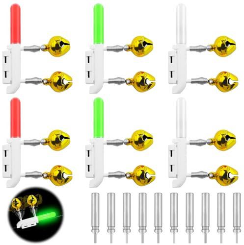 GZhaimai 6 Stück Knicklichter Angeln, Led Aal Glocken mit Schnalle für Nachtangeln, Meeresangeln, Angelrute mit 16 Batterie(Kunststoff, 3 Farben)