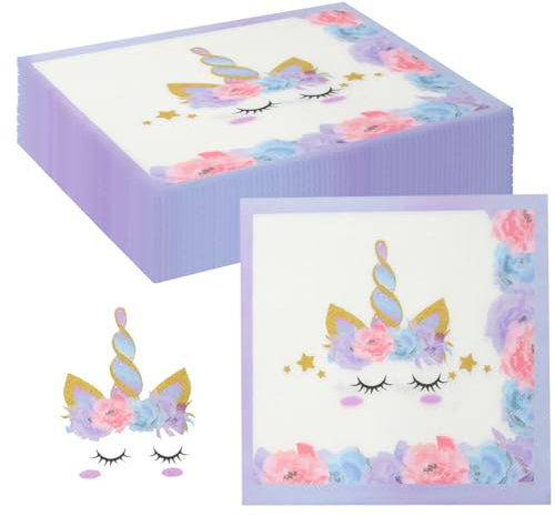 40 Stück Einhorn Servietten, 33x33cm Lila Quadratisch, Bunt Blumen & Einhörner Papierservietten Tischdeko, Einweg für Kindergeburtstag Jungen/Mädchen Geburtstag