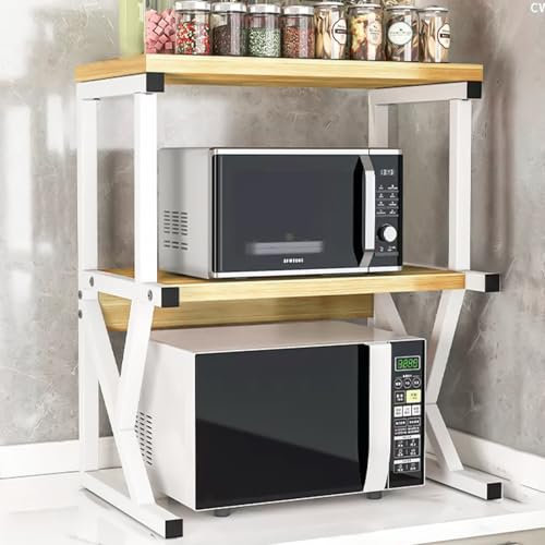 Savieva 3-Tier Microwave Oven Rack Kitchen Counter Organizer Shelf Stand - Pot Pan Grill Storage Racks - Carbon Steel Heavy Load 55lbs Capacity (3-Tier White)