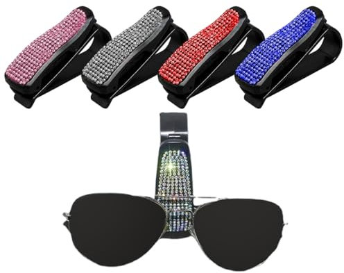 4 Pezzi Porta Occhiali Auto Supporto per Occhiali da Sole con Strass Clip per Carta di Credito per Parasole Occhiali da Vista, Porta Occhiali da Macchina,Portaocchiali Auto,Portaocchiali Parasole