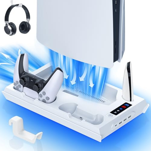 Paobas Stazione di raffreddamento per PS5 con stazione di ricarica a doppio controller, supporto per console PS5 Slim, supporto per cuffie, 4 hub USB e porta USB-C, organizer per accessori tutto in