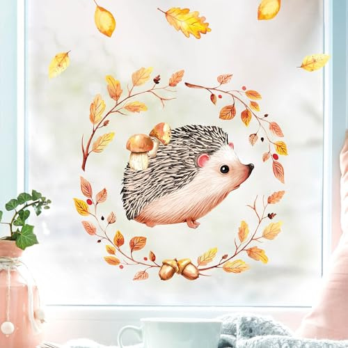 Wandtattoo Loft Fensterbild Herbst Igel mit Pilzen und Blätterkranz wiederverwendbare Fensteraufkleber Kinderzimmer, 2. A3 Bogen
