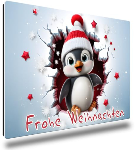TRIOSK Kühlschrankmagnete 3D Illusion Magnet Pinguin mit Spruch Frohe Weihnachten Weihnachtsmagnet Pinguinmotiv Geschenk lustig für Pinguinliebhaber Kühlschrank stark eckig groß 85x55 mm