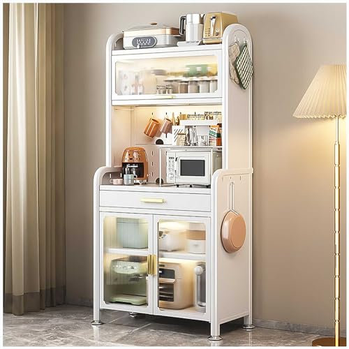 Estante blanco de 5 niveles con cajón y estante ajustable, armario de almacenamiento de cocina para horno microondas, gran capacidad
