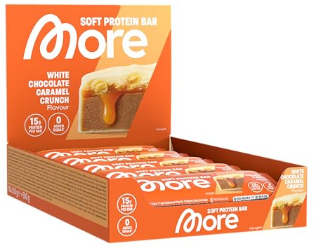MORE Protein Bar, 10er Box, 10 x 50 g, White Chocolate Caramel Crunch | Protein Riegel ohne Zuckerzusatz