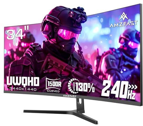 Amzfast Ecran Pc Gamer Incurvé 34 Pouces, 240Hz, UWQHD 3440x1440 (21:9), 1 ms MPRT, Eyes Care, sRGB 130%, Adaptive Sync, HDR, HDMI 2.1 * 2, DP 1.4 * 2, VESA 75x75, PIP/PBP, AMZG34C5QPro