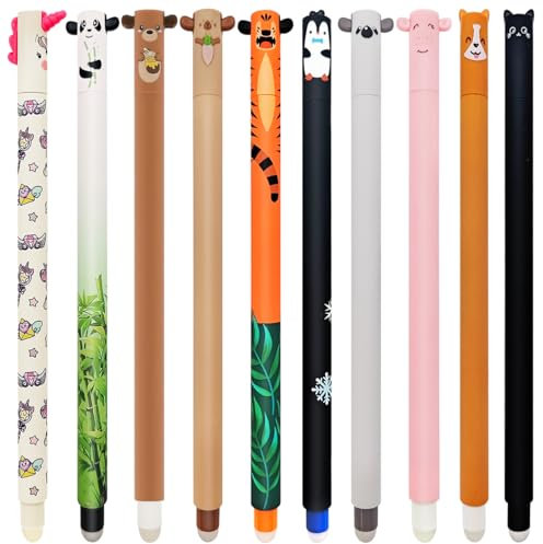 Set aus 10 radierbaren Gelstiften mit wärmeempfindlicher Tinte,Kawaii Verschiedene Tiermotive, Mehrfarbig Temperaturempfindlich, 0,7 mm Spitze, Zufälliger Stil