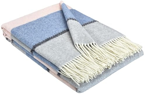 STTS International Kaschmir Decke Wolldecke Wohndecke 100% Merinowolle - Kaschmir - Mix 140 x 200 cm sehr weiches Plaid Kuscheldecke Faro (K Rosa-Blau-Grau)
