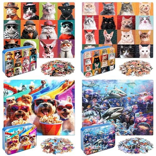 LELEMON - Puzzle 100 Teile für Kinder von 4 bis 8 Jahren, 4 Puzzles für Kinder von 6 bis 8 Jahren, Hunde, Katzen, Haie, Kinder, Lernen, Spielzeug ohne Puzzle für