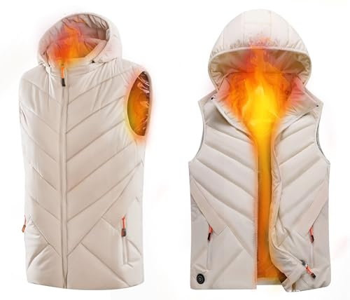 Errzom Wiederaufladbare Wärmeweste Frauen, Winter-USB-Wärmeweste mit 11 Heizpads, Elektrische Heizweste mit Kapuze Batterie-Heizweste, Damen-Wärmeweste mit 3 Temperaturstufen,Weiß,3XL