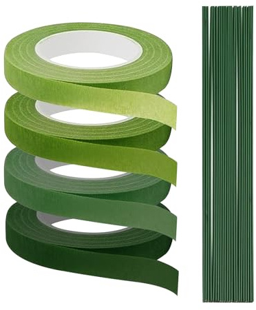 APKOL 4 Rollen Floristenband,50 Pcs 30cm Blumendraht Floristik Kreppband | Floristikdraht Grün Steckdraht, Blumenstieldraht Wrapping Blumensträuße für DIY Wrapping Blumensträuße(12mm x 27m/Rolle)