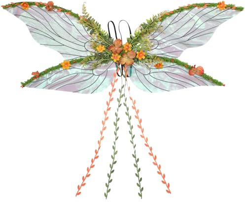 PartyforU Costume de carnaval adulte femme ailes de fée pour renaissance renaissance, costume d'Halloween avec feuilles jaunes et vignes oranges, mère, nature, elfes des forêts, ailes de papillon