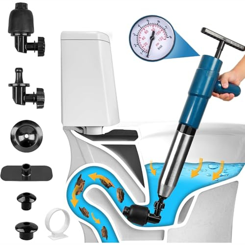 Wenbones Pulitore per tubi ad aria compressa, stura lavandini e scarichi, pompa stura scarichi wc a pressione, per WC, bacino, bagno, doccia, cucina, indicatore di pressione (blu)