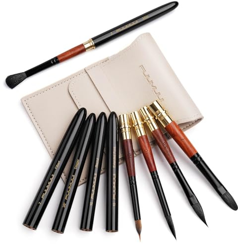 Fuumuui Squirrel Hair Travel Watercolour Brushes 5pcs Plein Air Brushes | Portable Compact Travel Brushes Set with Extended Needle Point, Mop Brushes for Watercolour Gouache Ink Painting