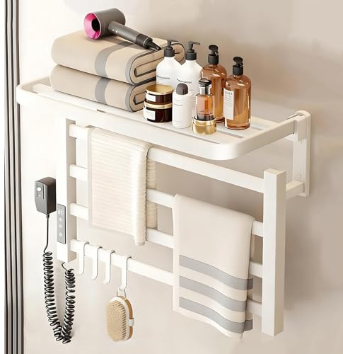 QJHSSM Warm Towel Mini/Porte-Serviettes électrique 4 Barres, Porte-Serviettes Chauffant Mural, 50x38cm, Faible consommation, Étanche IPX4, Écan LED et minuterie 24h, Réglage Température-White