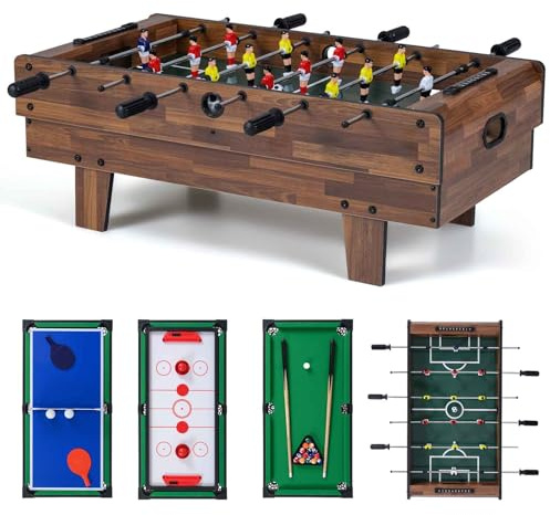 HOMASIS 4 en 1 Mesa de Juegos de Madera, Mesa de Futbolín con Tableros Apilables para Billar, Air Hockey, Futbolín, Tenis de Mesa para Niños y Adultos 81x43x30,5cm,