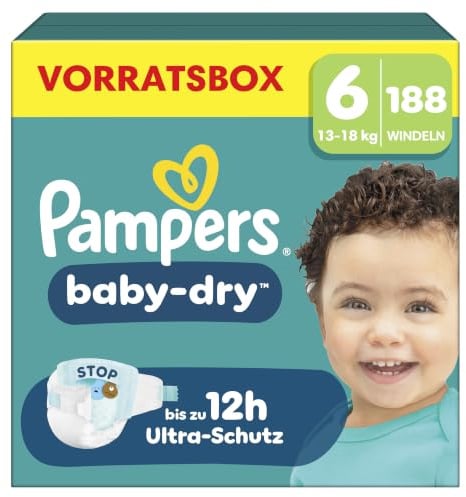 Pampers Baby-Dry Größe 6, 188 Windeln, 13kg-18kg | Bis zu 100% Auslaufschutz & Komfort die ganze Nacht