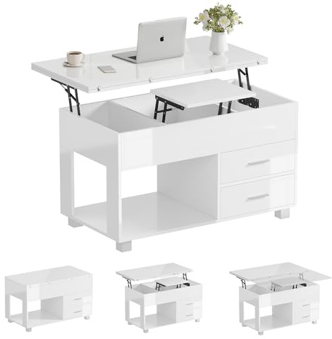 JMYXF Modern Lift Top Coffee Table Storage Folding Coffee Table High Gloss Table With 2 Drawer Storage, White High Gloss Lifting Tea Desk for Home Office Dining Living Room