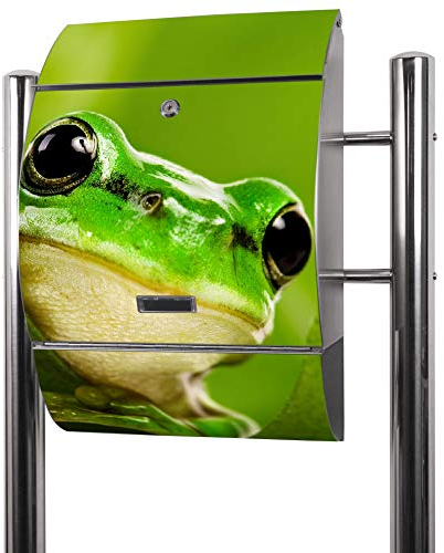 banjado® Standbriefkasten Edelstahl mit Zeitungsfach Motiv Frosch / Briefkasten mit Standfuß & Namensschild / Edelstahl Briefkasten freistehend - A4 Einwurf inkl. 2 Schlüssel