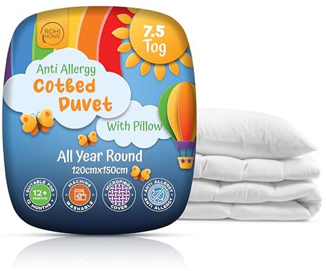 Rohi 7.5 Tog Cot Bed Duvet and Pillow Set – Anti-Allergy Toddler Duvet & Pillow – Lightweight, Breathable & Ultra Comfy Baby Quilt 120cm x 150cm