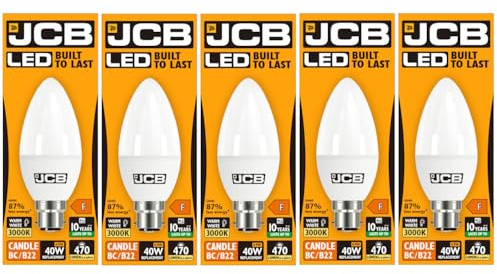 JCB 6w LED B22 Candle Bulbs Bayonet, 40w Incandescent Bulb Equivalent, 470lm, Warm White 3000k, Non Dimmable, LED Bayonet Bulb Candle Light Bulbs, 220-240v. Packs of 5 Units