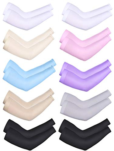 10 Pares de Manguitos de Protección Solar de UV Mangas de Enfriamiento de Brazo para Hombres y Mujeres (Negro, Blanco, Beige, Rosa, Morado, Gris, Color de Piel, Azul Cielo)
