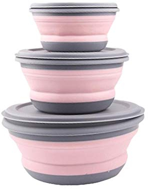 BSTCAR 3 unidades de cuencos plegables con tapa, recipiente hermético redondo de silicona, cuenco portátil, cuenco plegable para acampar, cuenco plegable con tapa, para camping, senderismo, cocina,