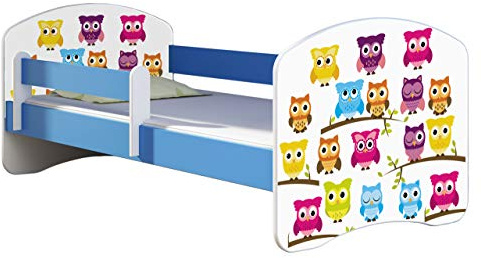 ACMA Kinderbett Jugendbett mit Einer Schublade und Matratze Blau mit Rausfallschutz Lattenrost II 140x70 160x80 180x80 (31 Eule, 180x80)