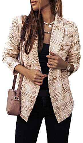 Onsoyours Femme Blazer à Carreaux Élégant Manches Longues Slim Fit OL Bureau Affaires Veste De Costume Devant Ouvert Manteau Cardigan Blouson Jacket A Beige M