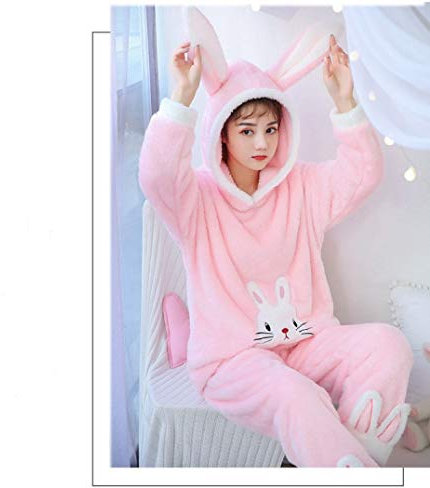 HAIBI Pyjama Femme Hiver, Polaire Ensemble De Vêtements De Nuit Dessin Animé Lapin Rose À Manches Longues, Doux Et Chaud Homewear 2 Pcs, Moyen