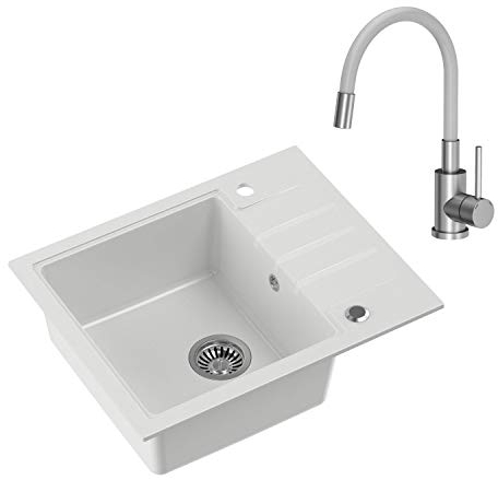 VBChome Fregadero con grifo de 62 x 50 cm, 20 cm de profundidad, color blanco, fregadero empotrado, fregadero de cocina de 55 cm, grifo flexible