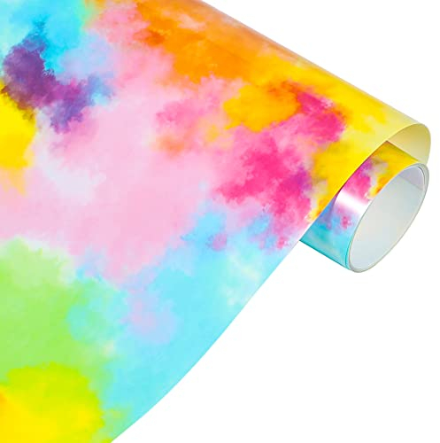 VINYL FROG Rainbow HTV Vinyl Tie-Dye Wärmetransfer-Vinyl, 25,4 cm x 1,5 m, Vinyl-Rolle für selbstgemachte T-Shirts, Stoff und Kleidungsstücke, blau-gelbes Aquarell-Wolken, gemustertes Vinyl
